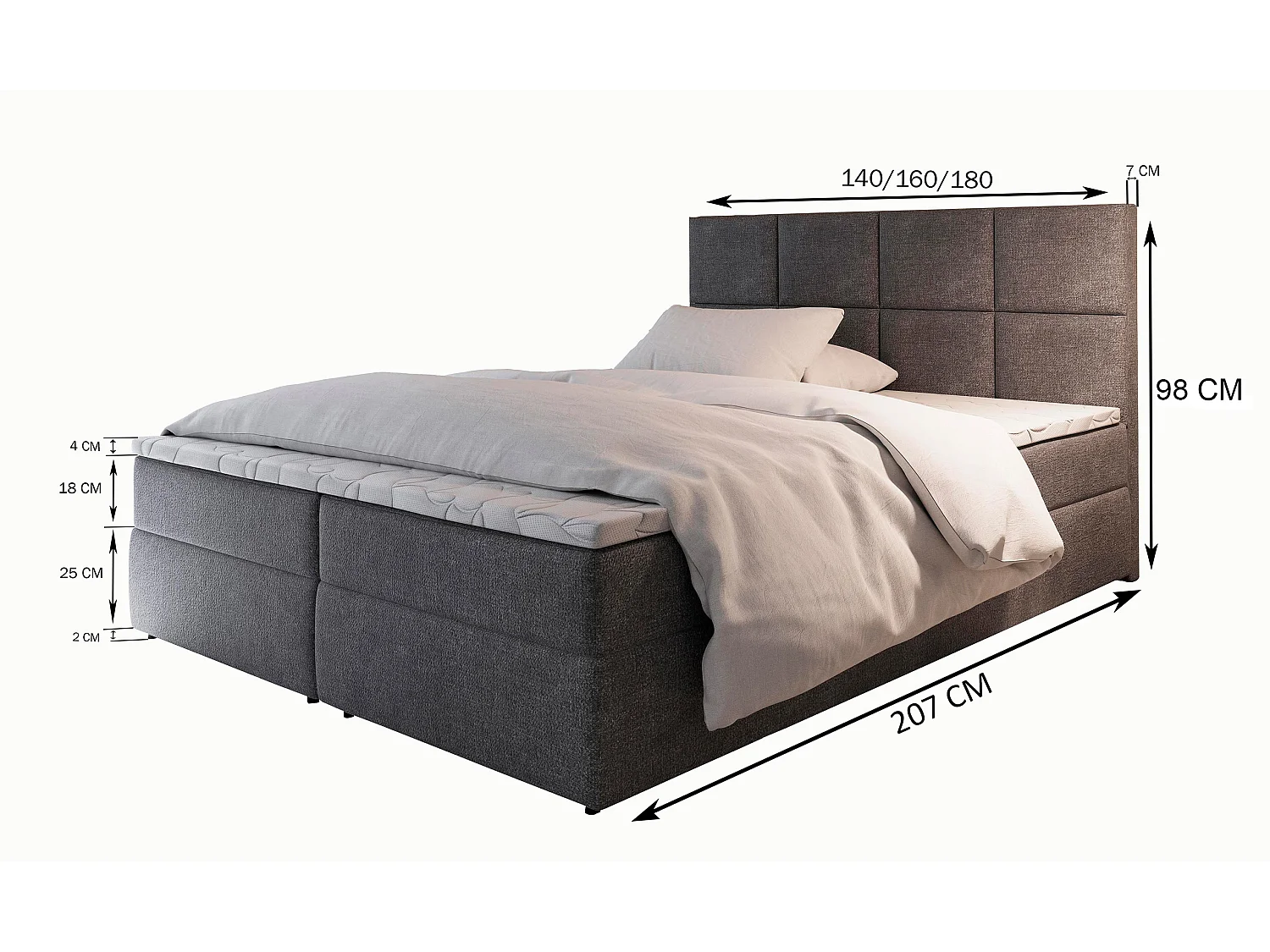 Boxspringbed LENA 160x200 cm Set met hoofdbord, bedbodem en matras, Zwart