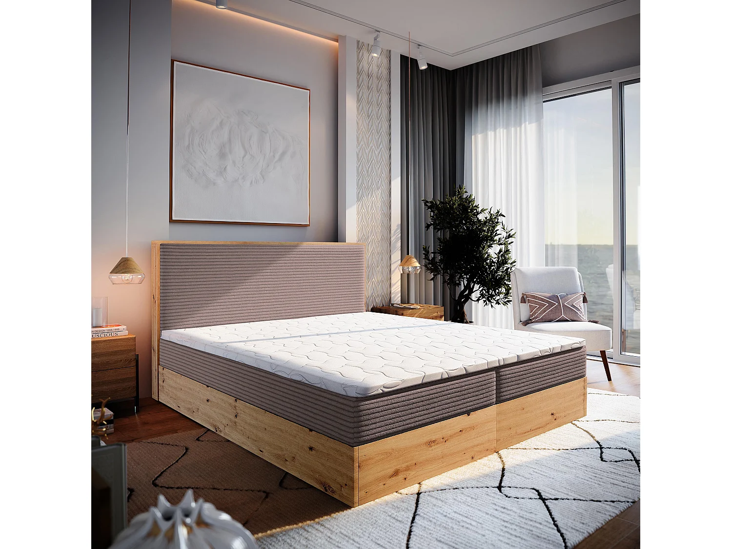 Lit continental VERDON, 180x200 cm, Tissu en velours côtelé, Rose