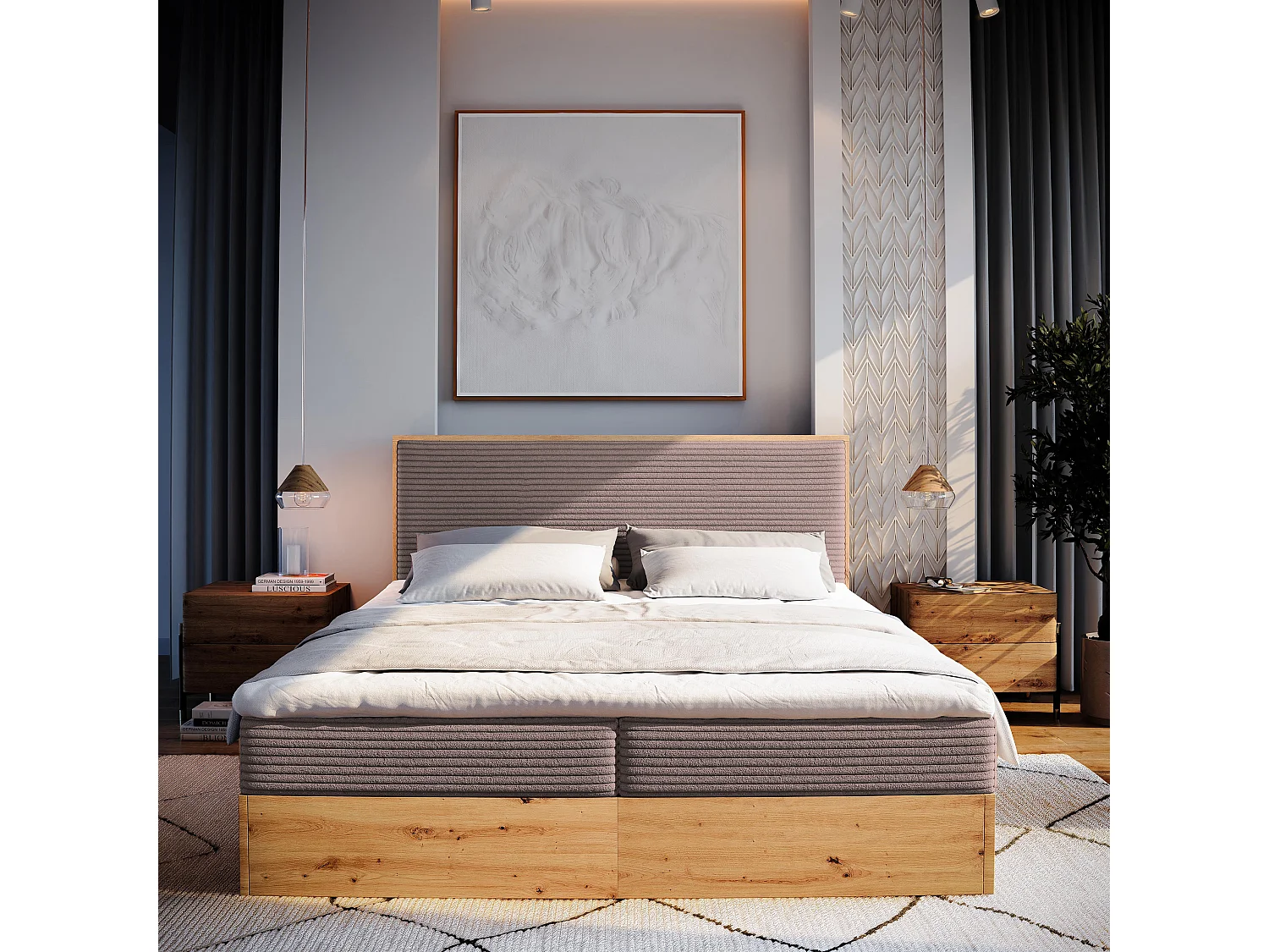Lit continental VERDON, 180x200 cm, Tissu en velours côtelé, Rose