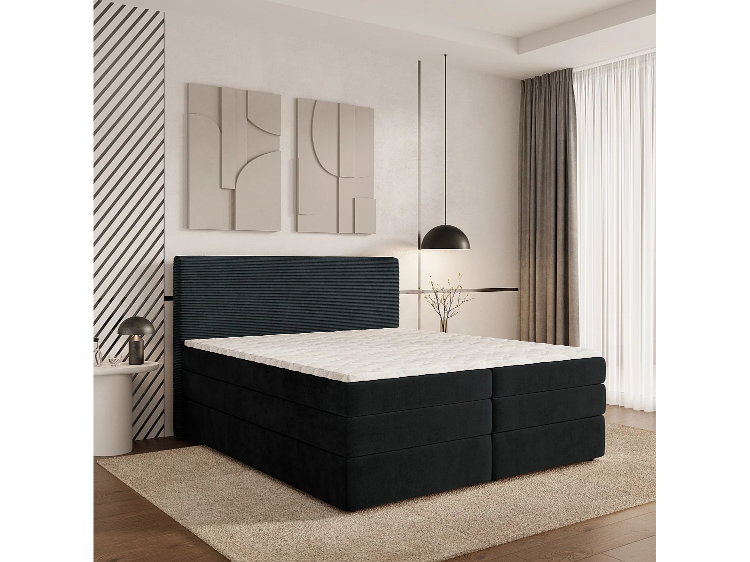 Lit continental MATERN, 160x200 cm, Tissu pelucheux, Noir