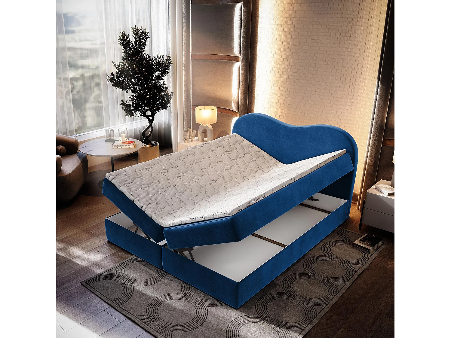 Boxspringbed FLUVIA 140x200 cm Set met hoofdbord, bedbodem en matras, Blauw