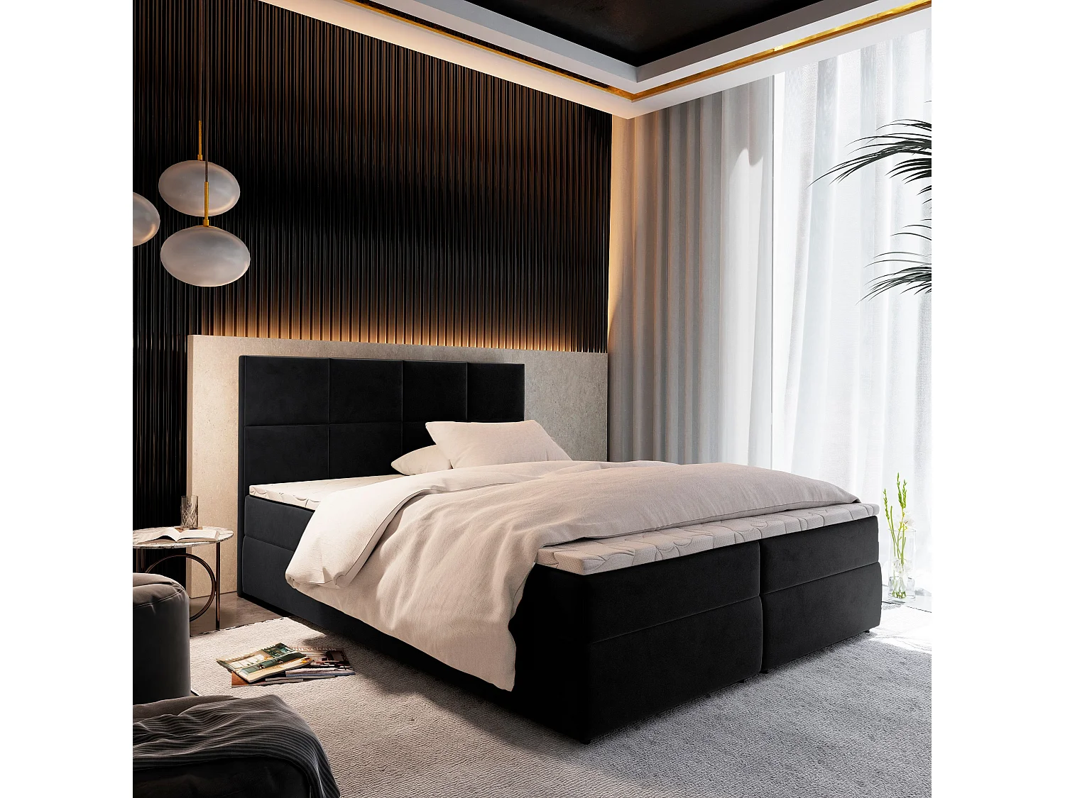 Boxspringbed LENA 180x200 cm Set met hoofdbord, bedbodem en matras, Zwart