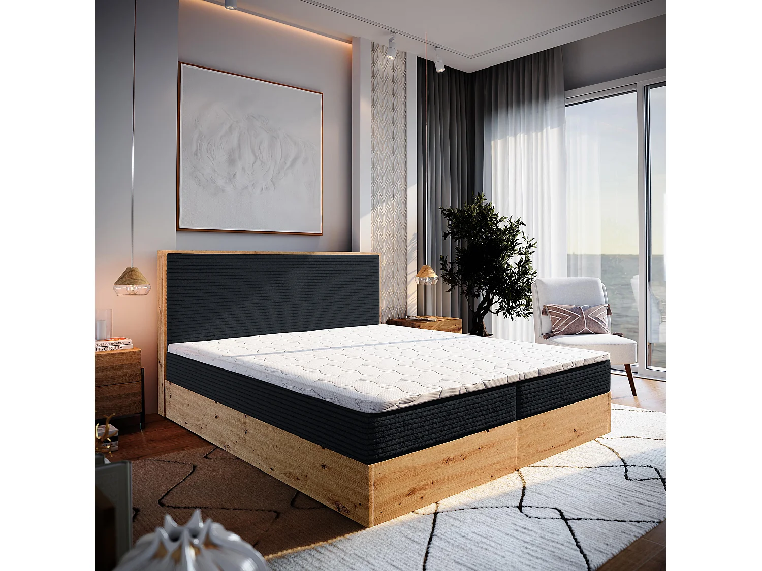 Lit continental VERDON, 160x200 cm, Tissu en velours côtelé, Noir