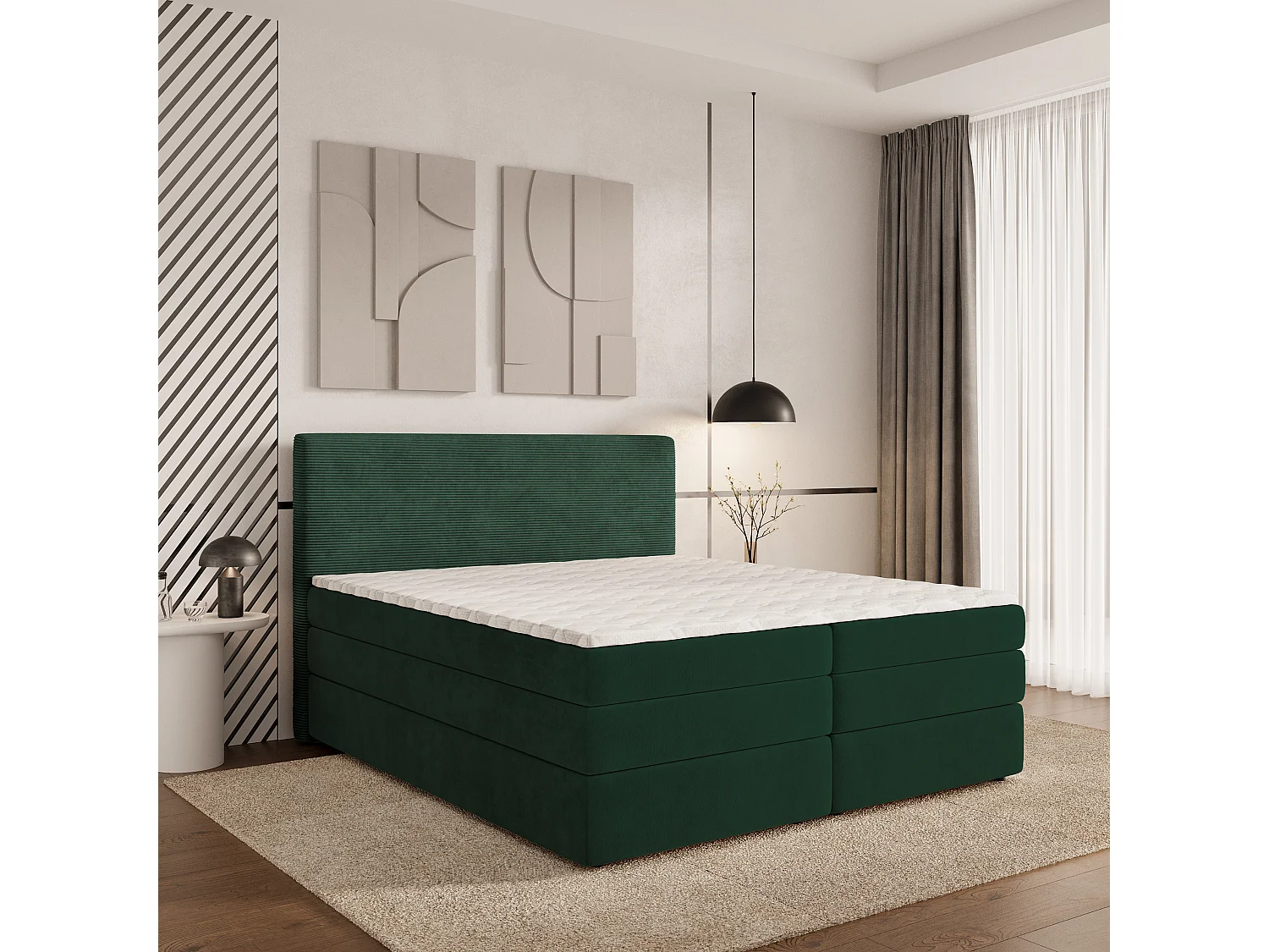 Lit continental MATERN, 160x200 cm, Tissu pelucheux, Vert