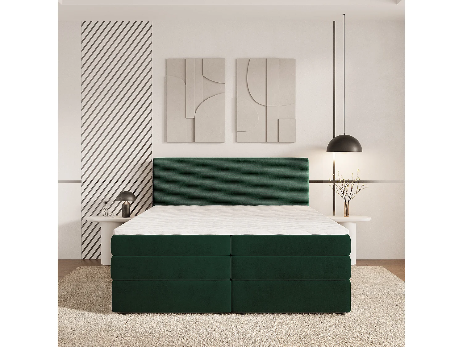 Lit continental MATERN, 160x200 cm, Tissu pelucheux, Vert