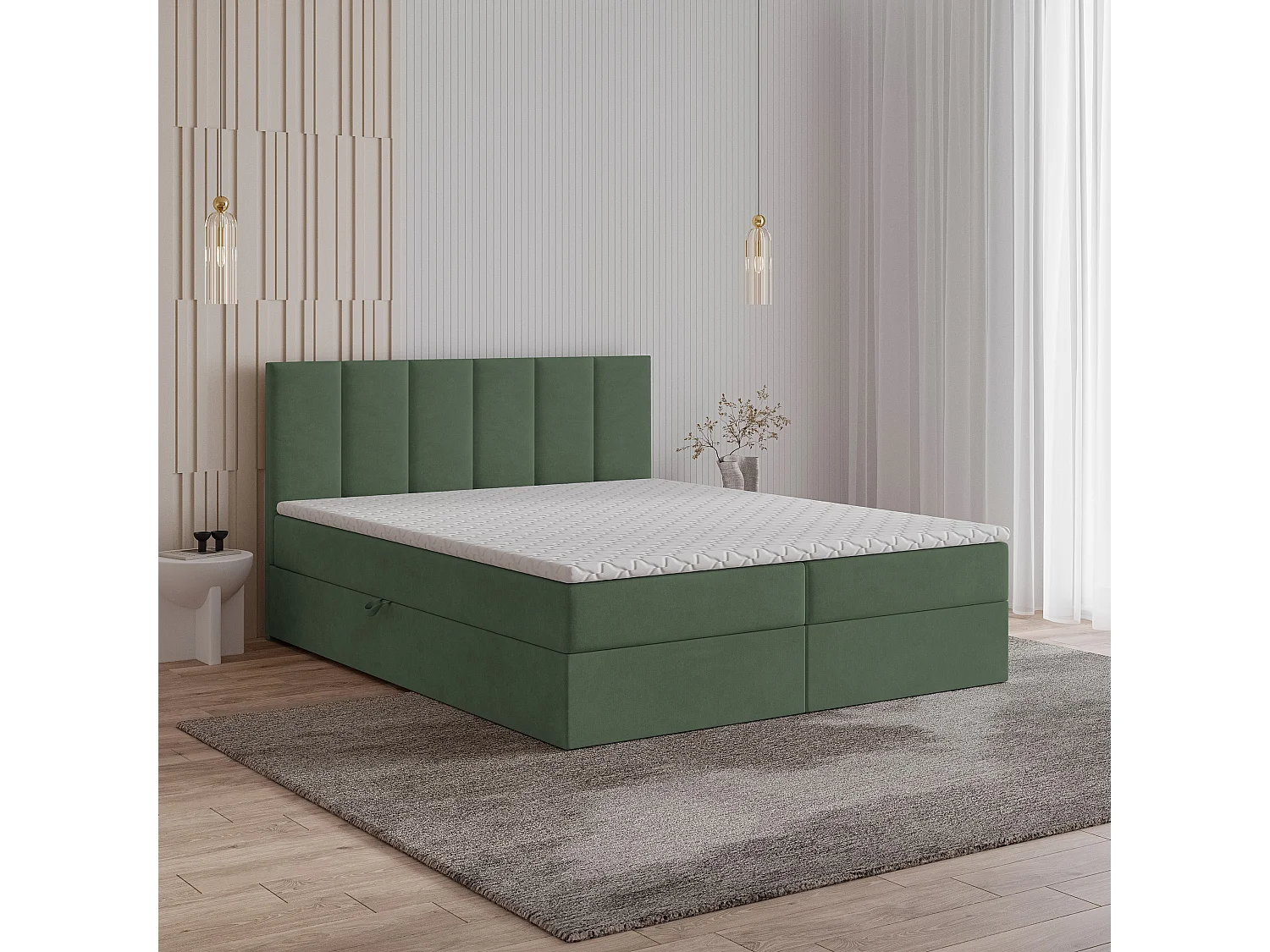 Lit continental MERIL, 140x200 cm, Tissu tressé, Vert
