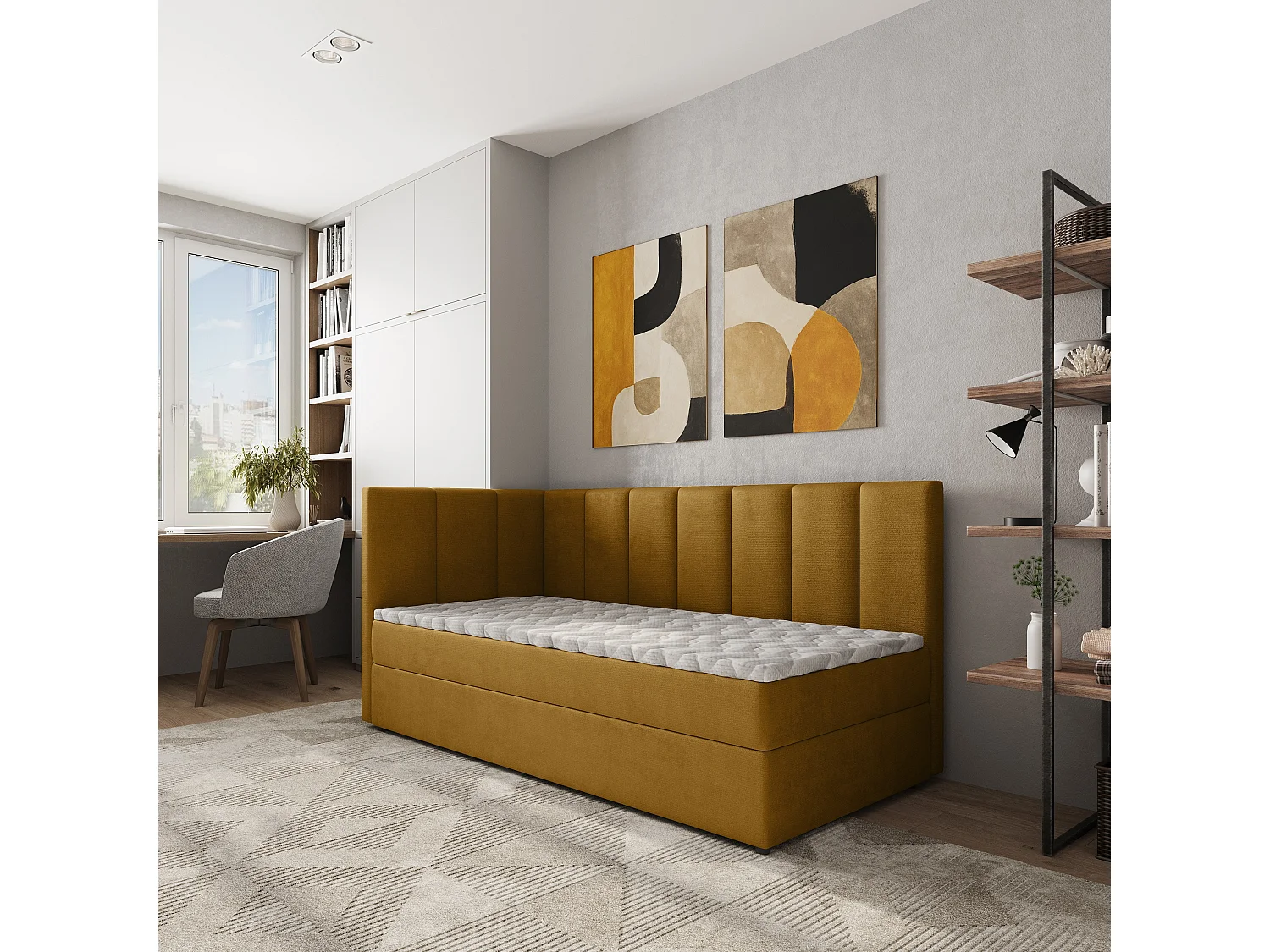Boxspringbed BEVE 90x200 cm Set met hoofdbord, bedbodem en matras, Geel