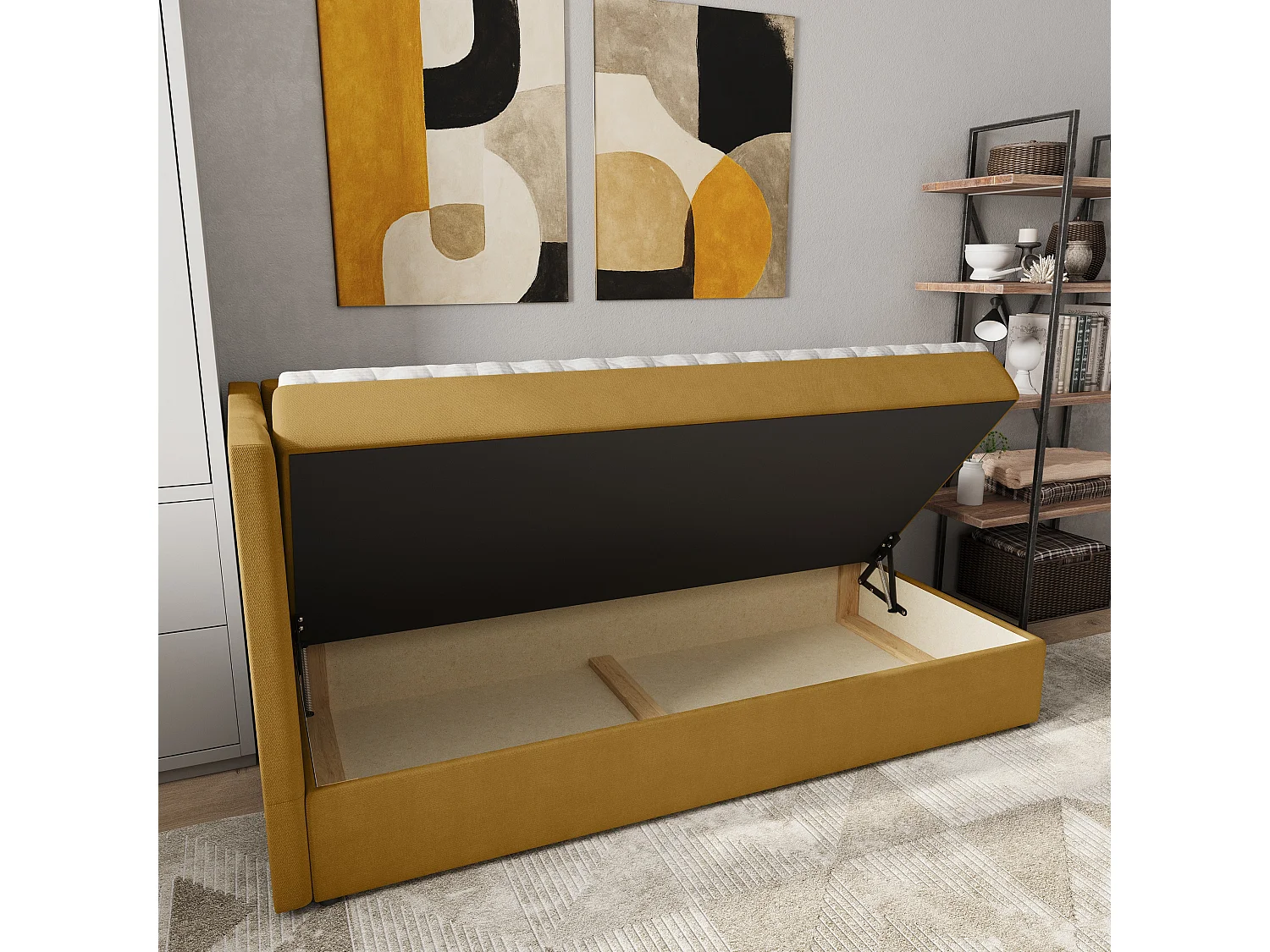 Boxspringbed BEVE 90x200 cm Set met hoofdbord, bedbodem en matras, Geel
