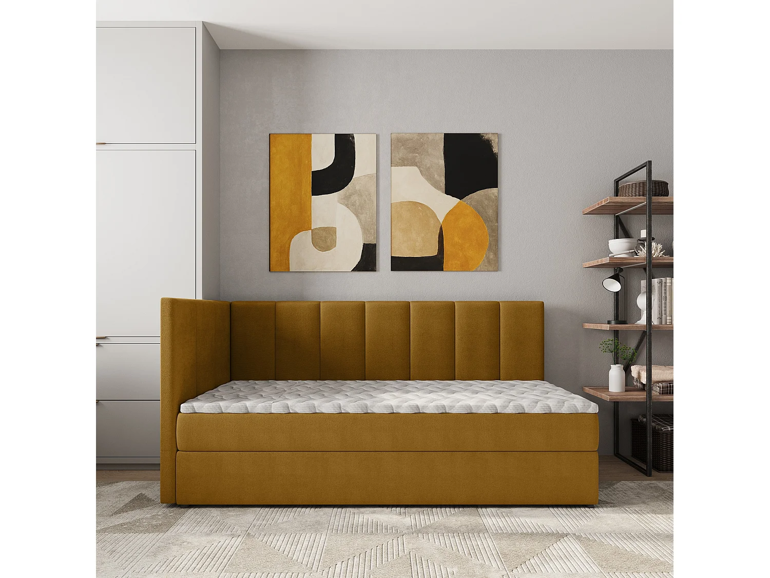 Lit boxspring BEVE 90x200 cm avec tête de lit, sommier et matelas, Jaune