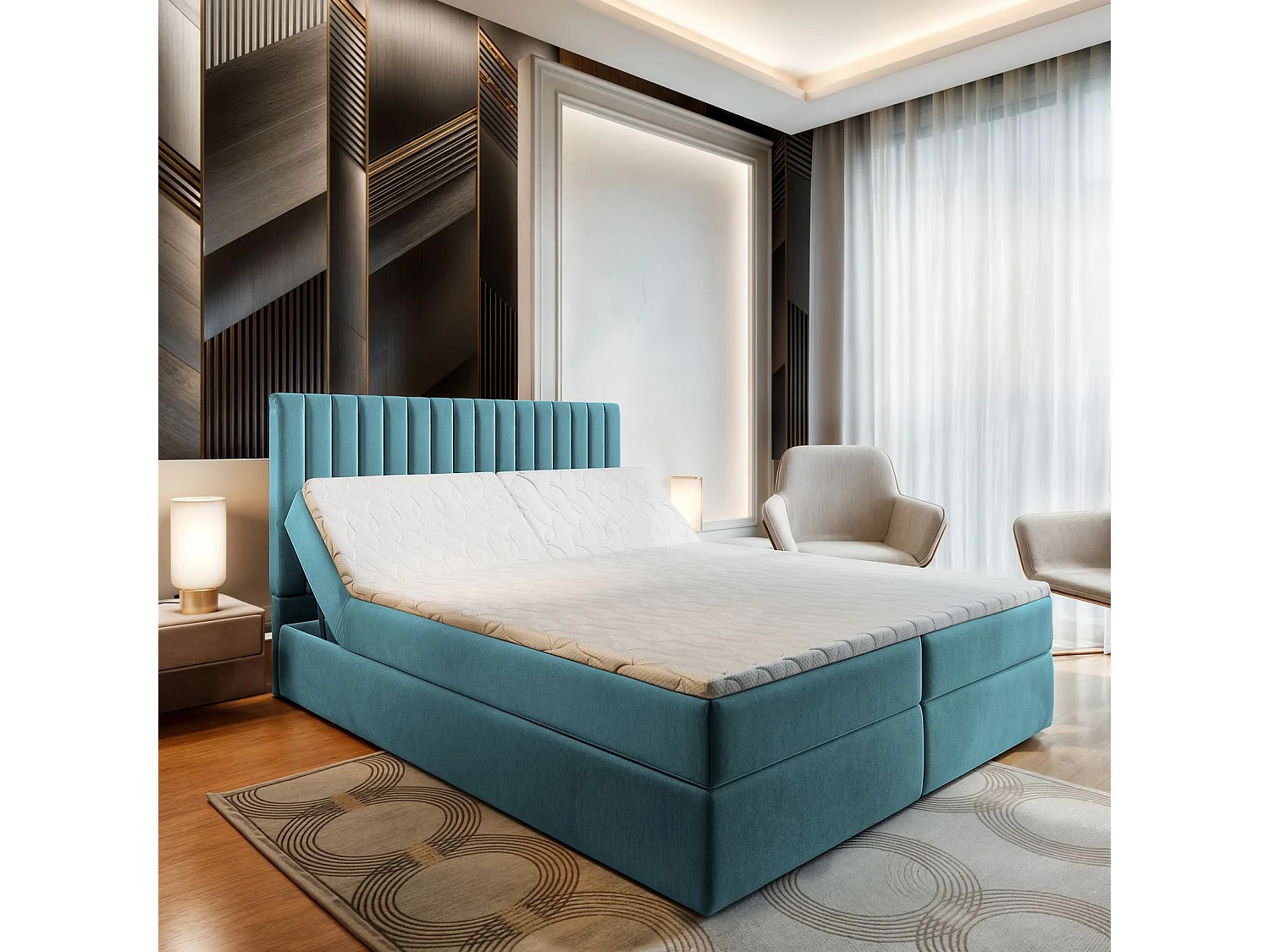 Boxspringbed MURLO 160x200 cm Set met hoofdbord, bedbodem en matras, Groenblauw
