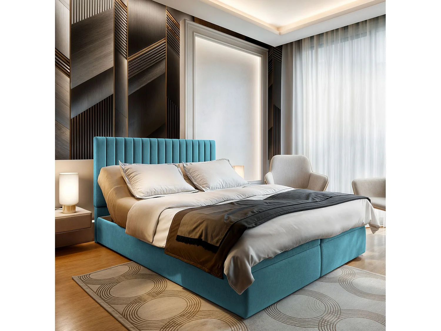 Boxspringbed MURLO 160x200 cm Set met hoofdbord, bedbodem en matras, Groenblauw