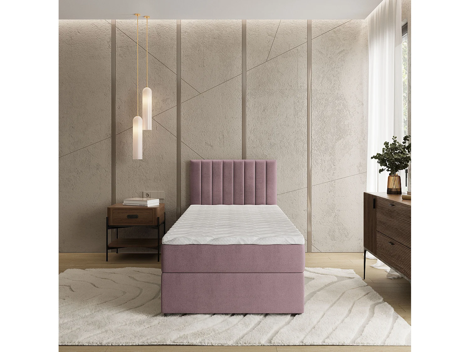 Lit boxspring BRESEL 90x200 cm avec tête de lit, sommier et matelas, Rose poudré