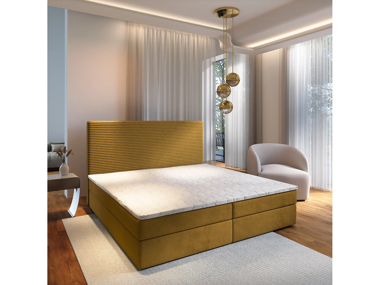 Lit continental GIARRO, 160x200 cm, Tissu pelucheux, Jaune