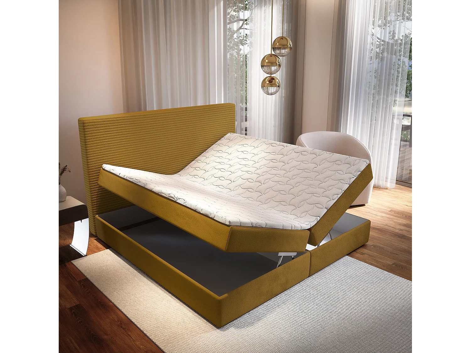 Lit continental GIARRO, 160x200 cm, Tissu pelucheux, Jaune