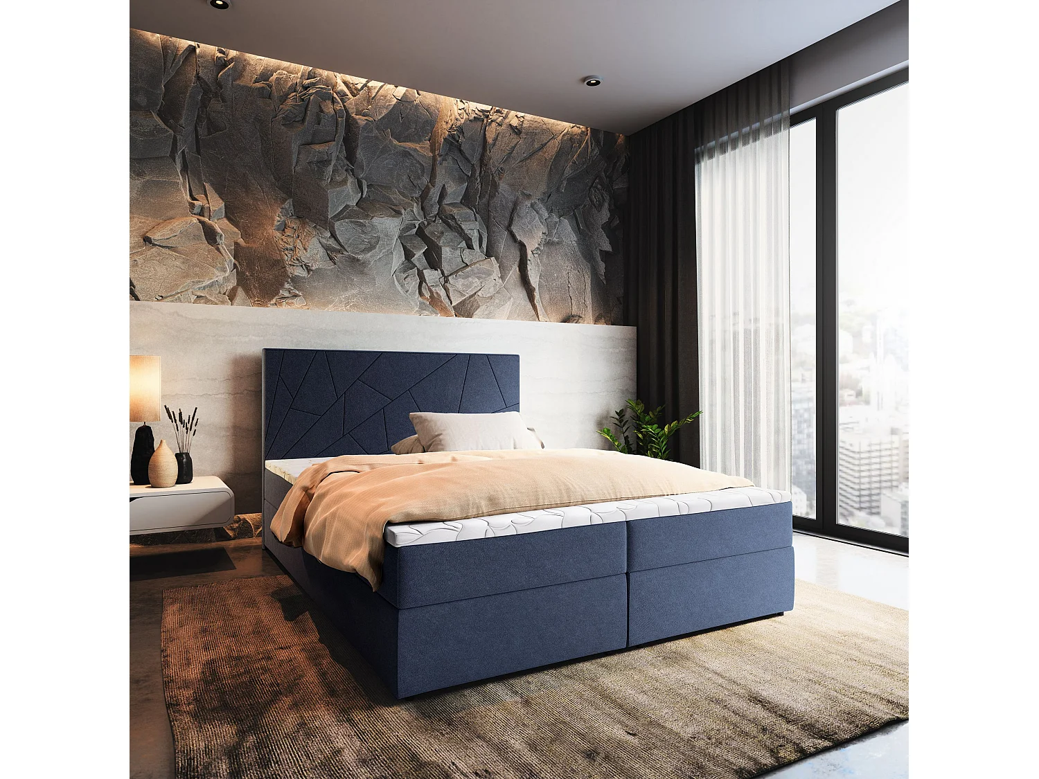 Boxspringbed MADO 160x200 cm Set met hoofdbord, bedbodem en matras, Blauw