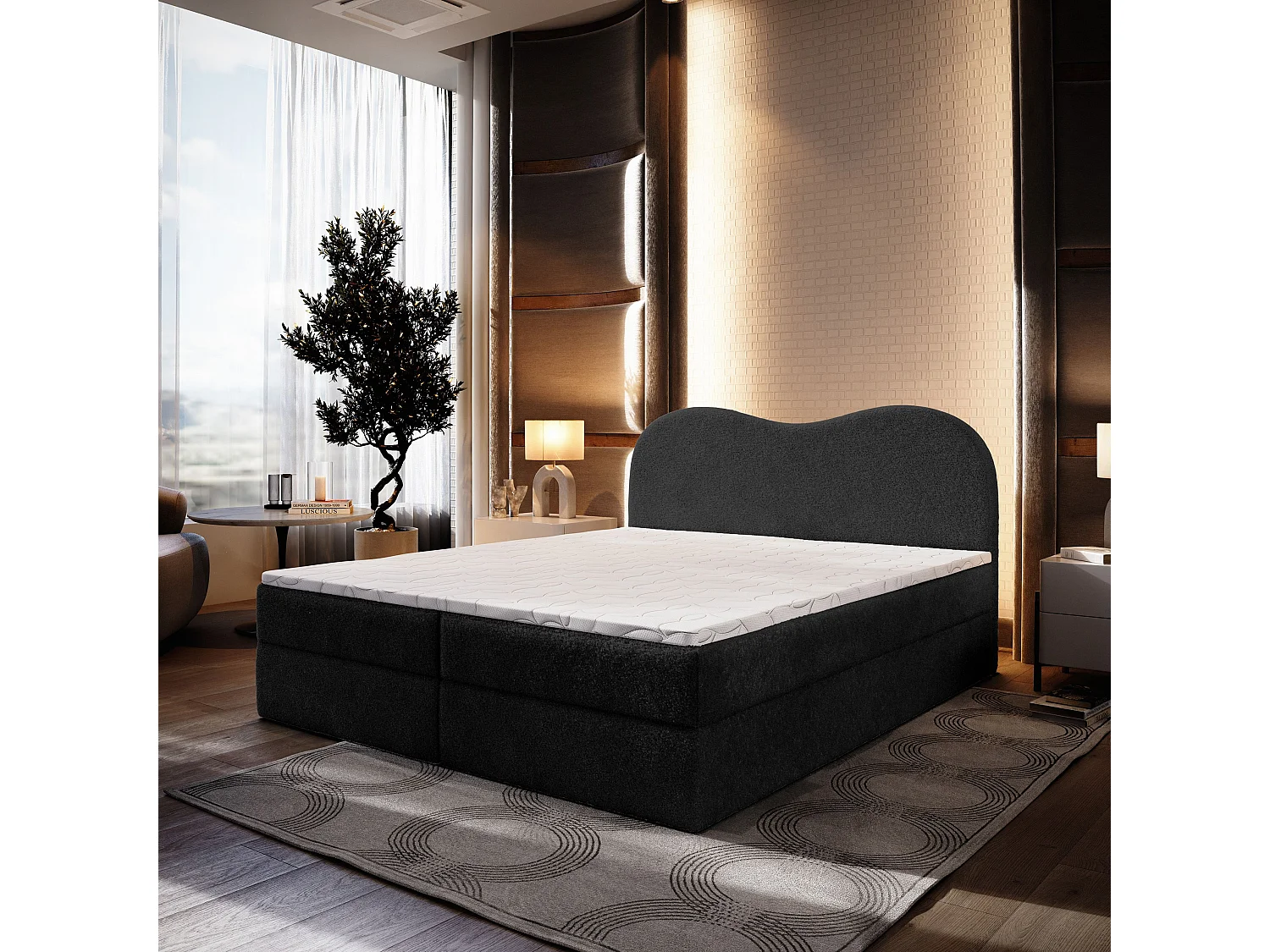 Lit continental FLUVIA, 160x200 cm, Tissu bouclé, Noir