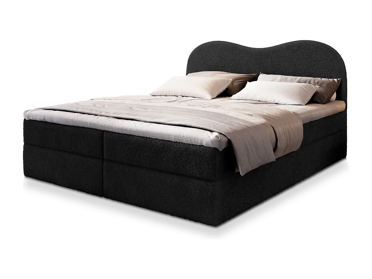 Lit continental FLUVIA, 160x200 cm, Tissu bouclé, Noir