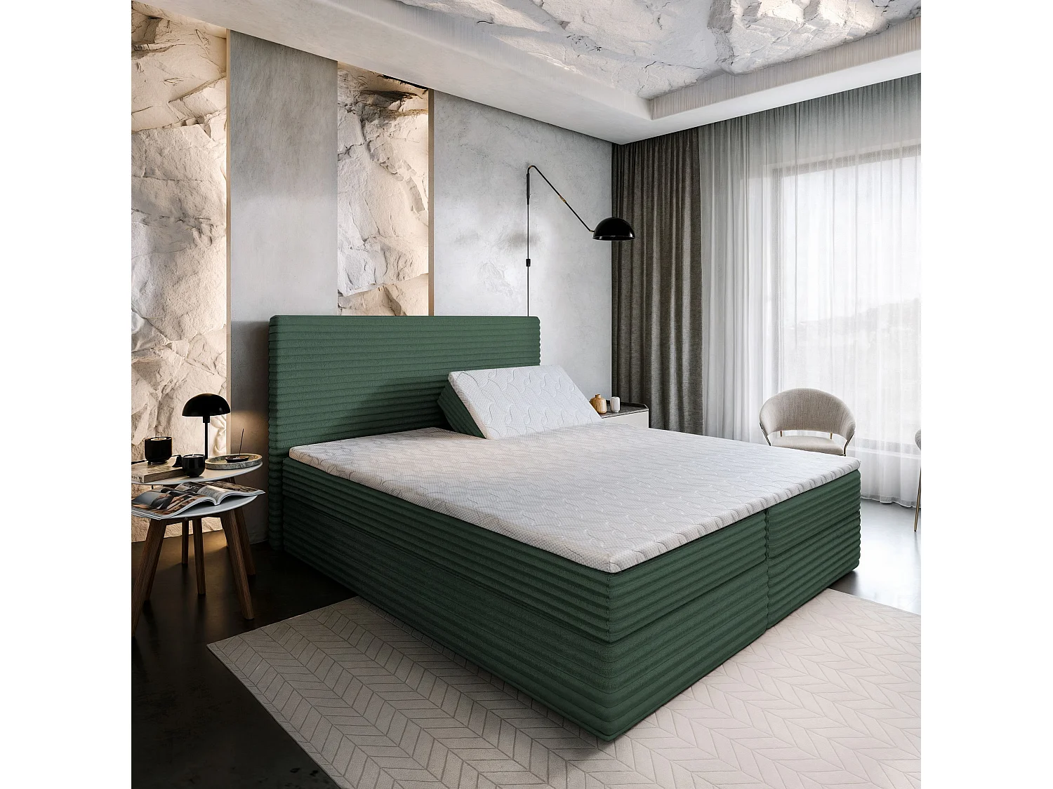 Boxspringbed MILARA 160x200 cm Set met hoofdbord, bedbodem en matras, Dennengroen