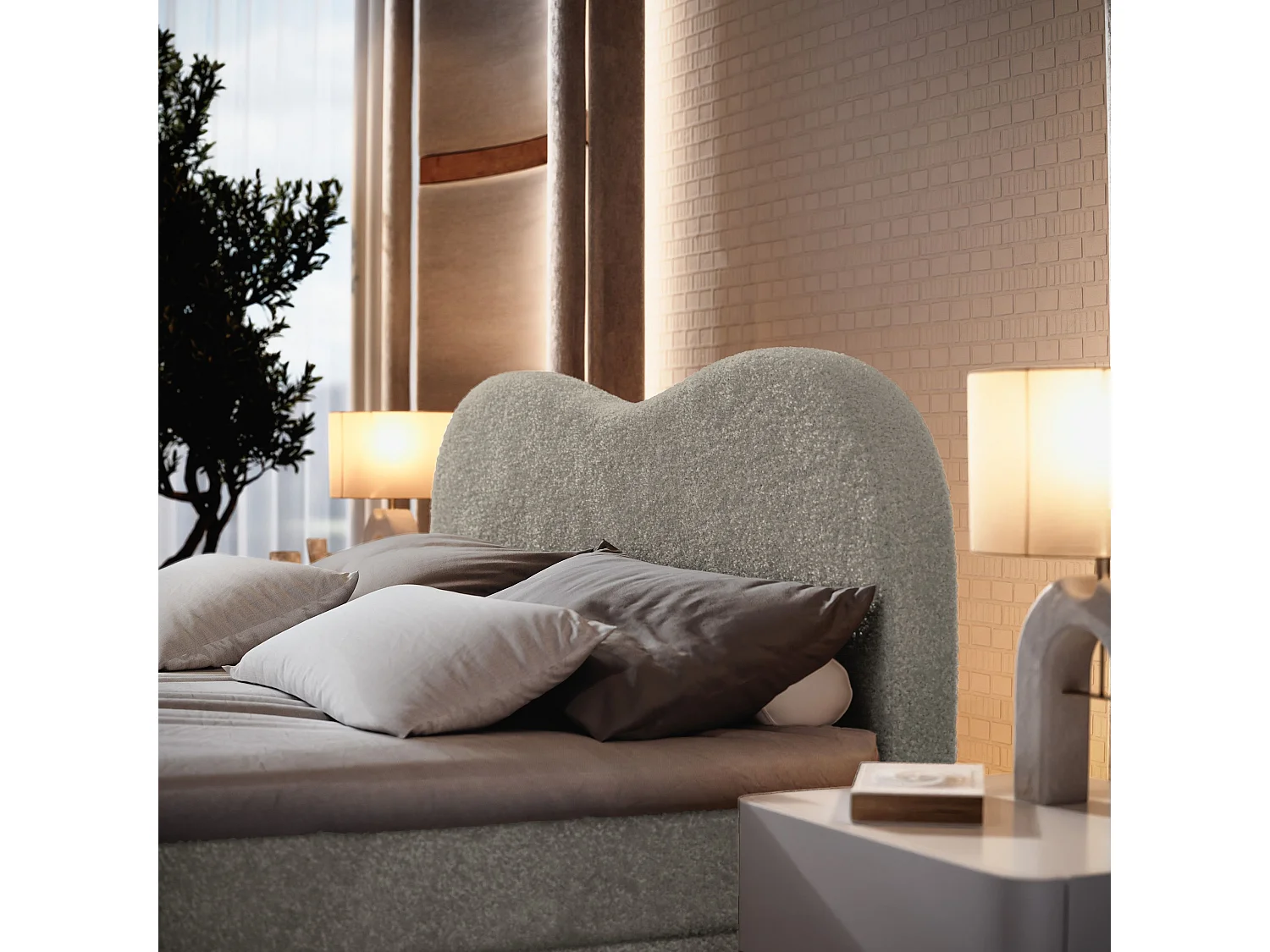 Lit continental FLUVIA, 160x200 cm, Tissu bouclé, Gris clair