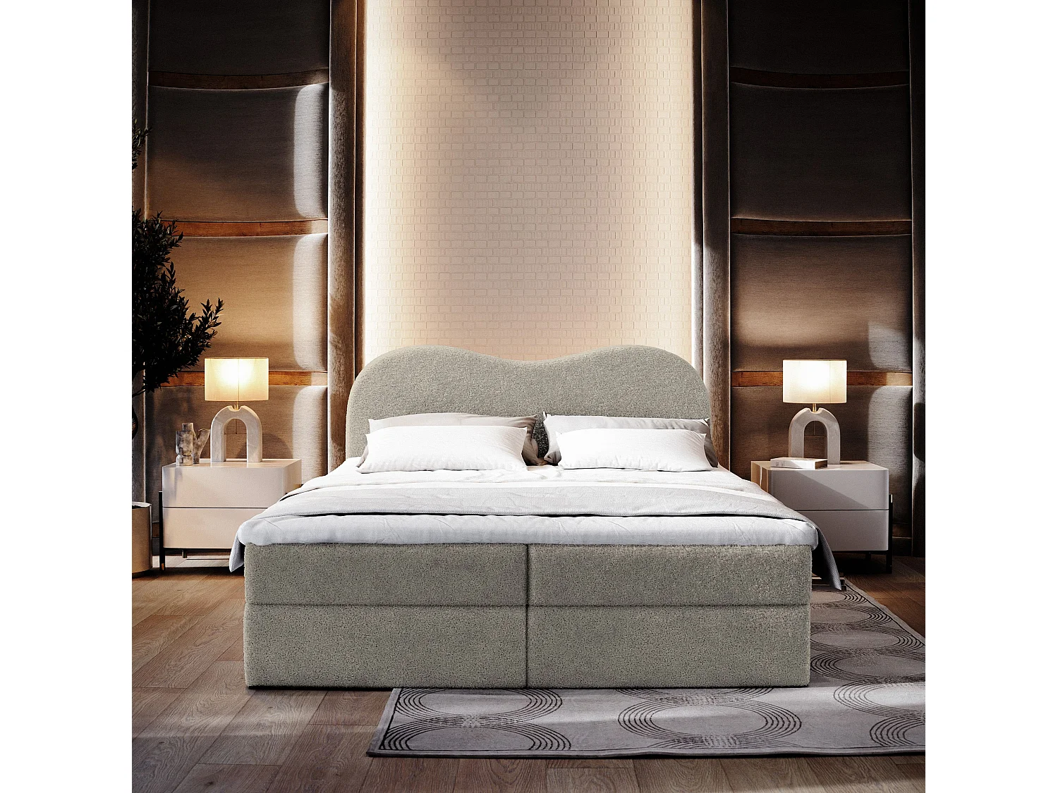 Lit continental FLUVIA, 160x200 cm, Tissu bouclé, Gris clair