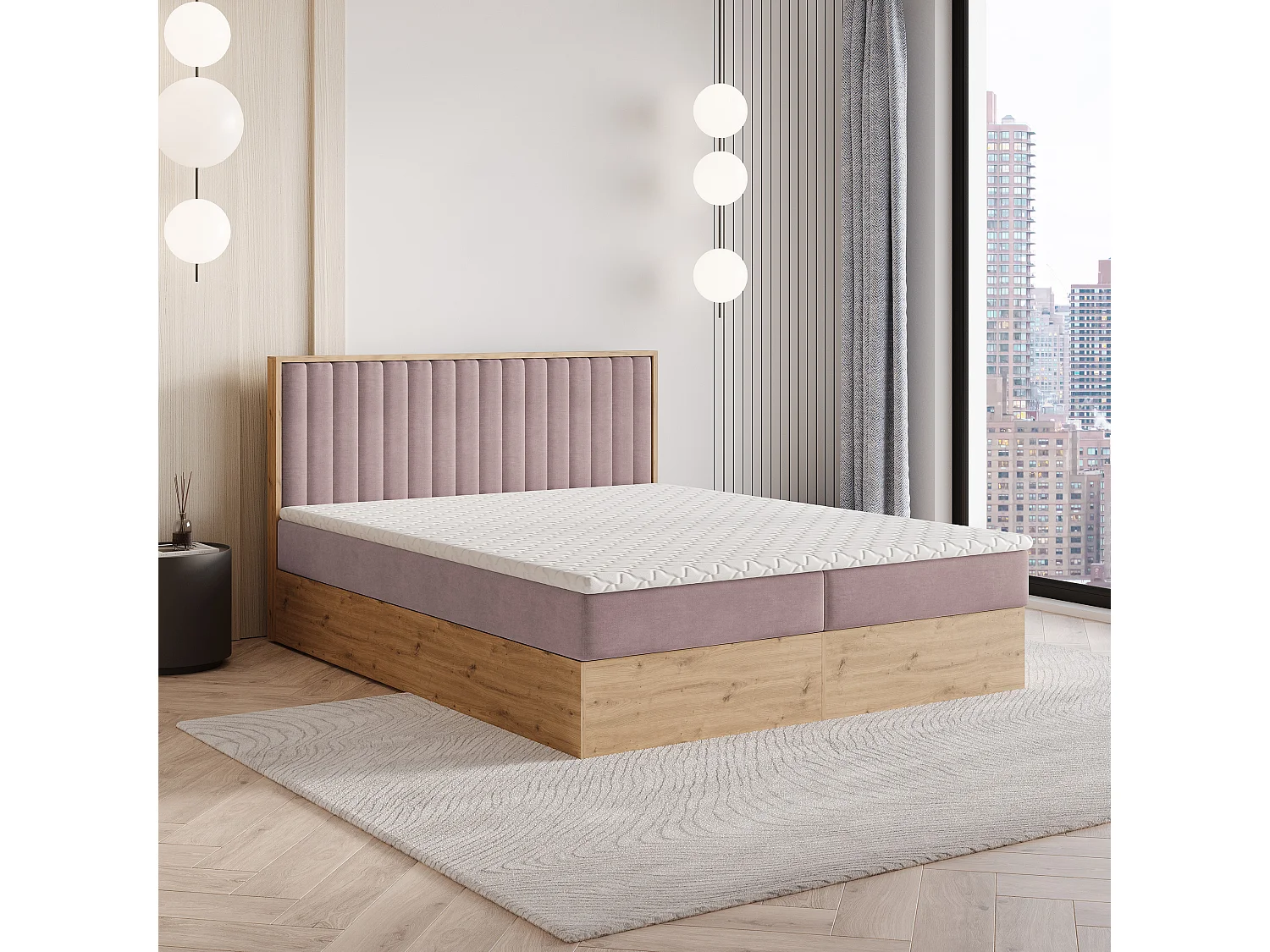 Lit continental VARELI, 160x200 cm, Tissu tressé, Rose