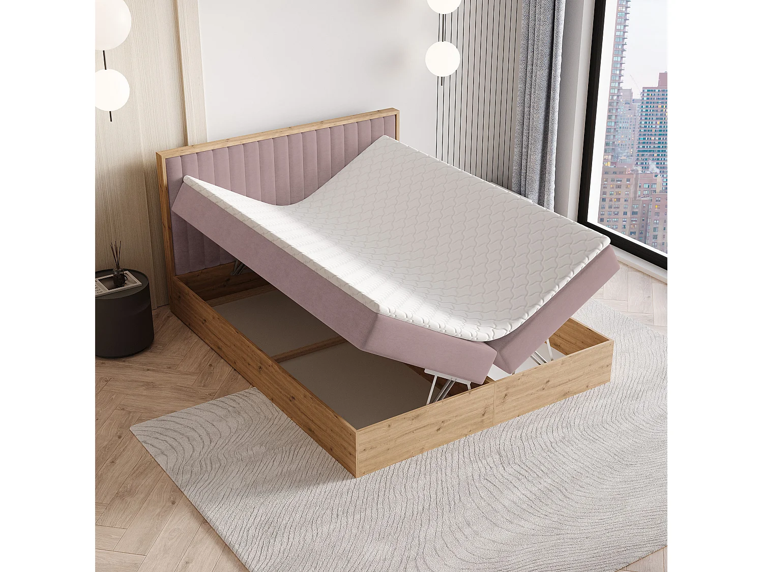 Lit continental VARELI, 160x200 cm, Tissu tressé, Rose