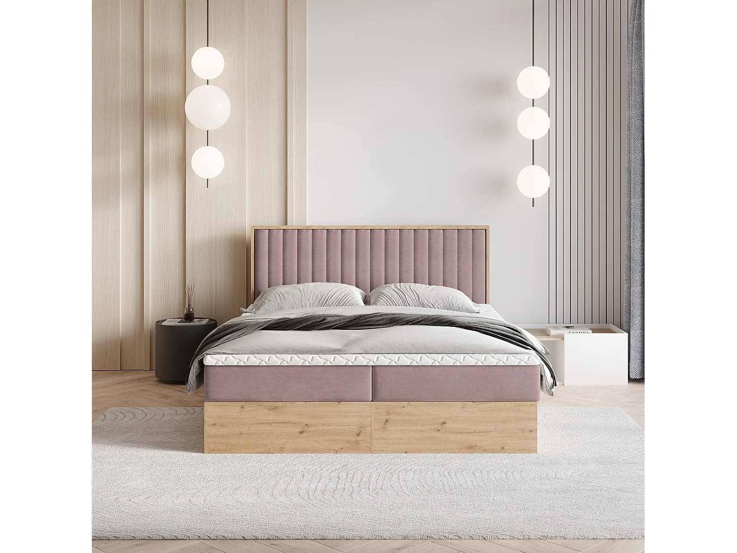 Lit continental VARELI, 160x200 cm, Tissu tressé, Rose