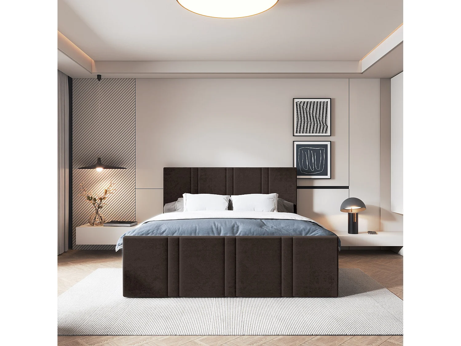 Lit continental COMOZA, 140x200 cm, Tissu pelucheux, Marron