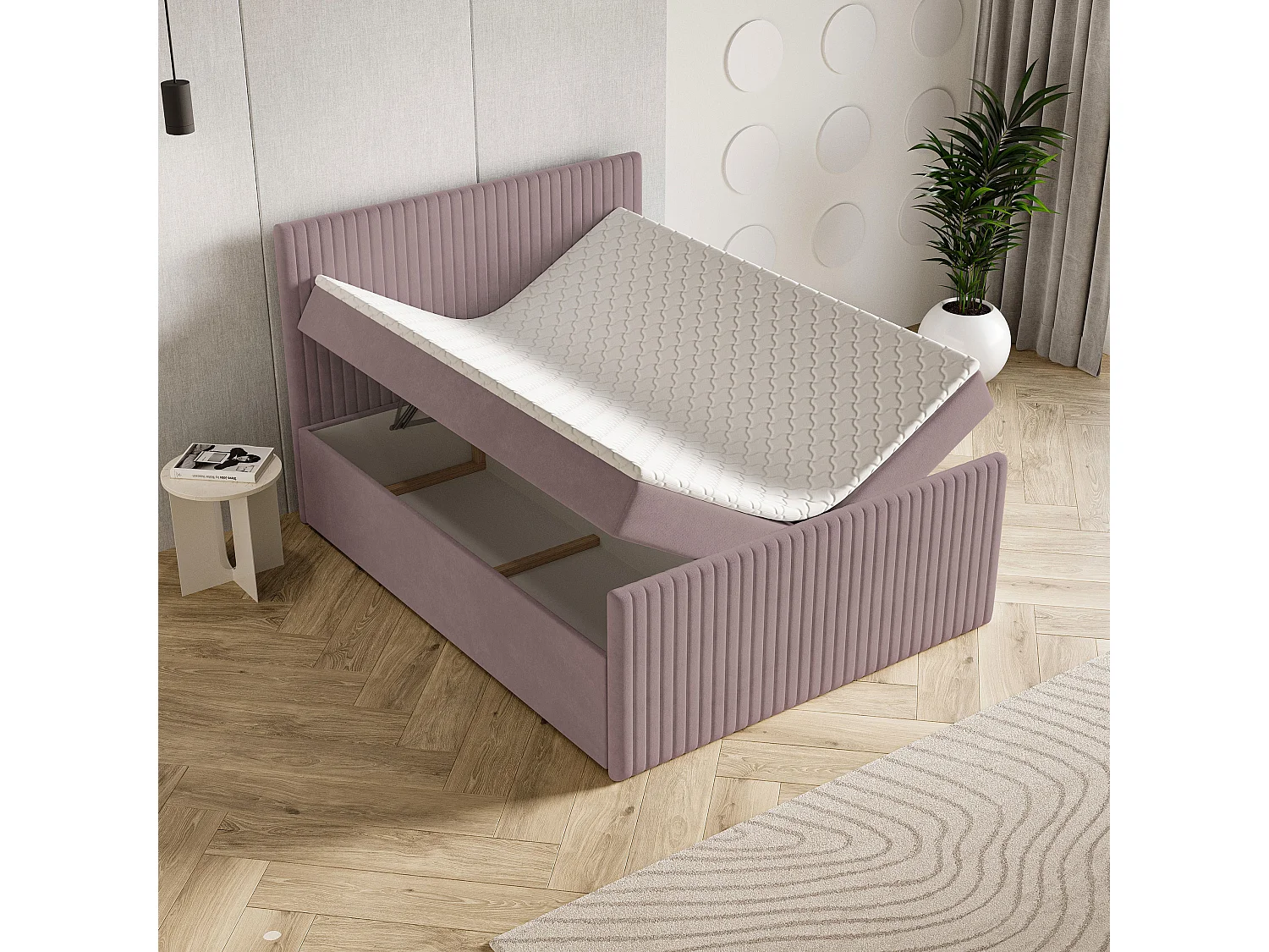 Lit continental TERVAN, 180x200 cm, Tissu pelucheux, Rose