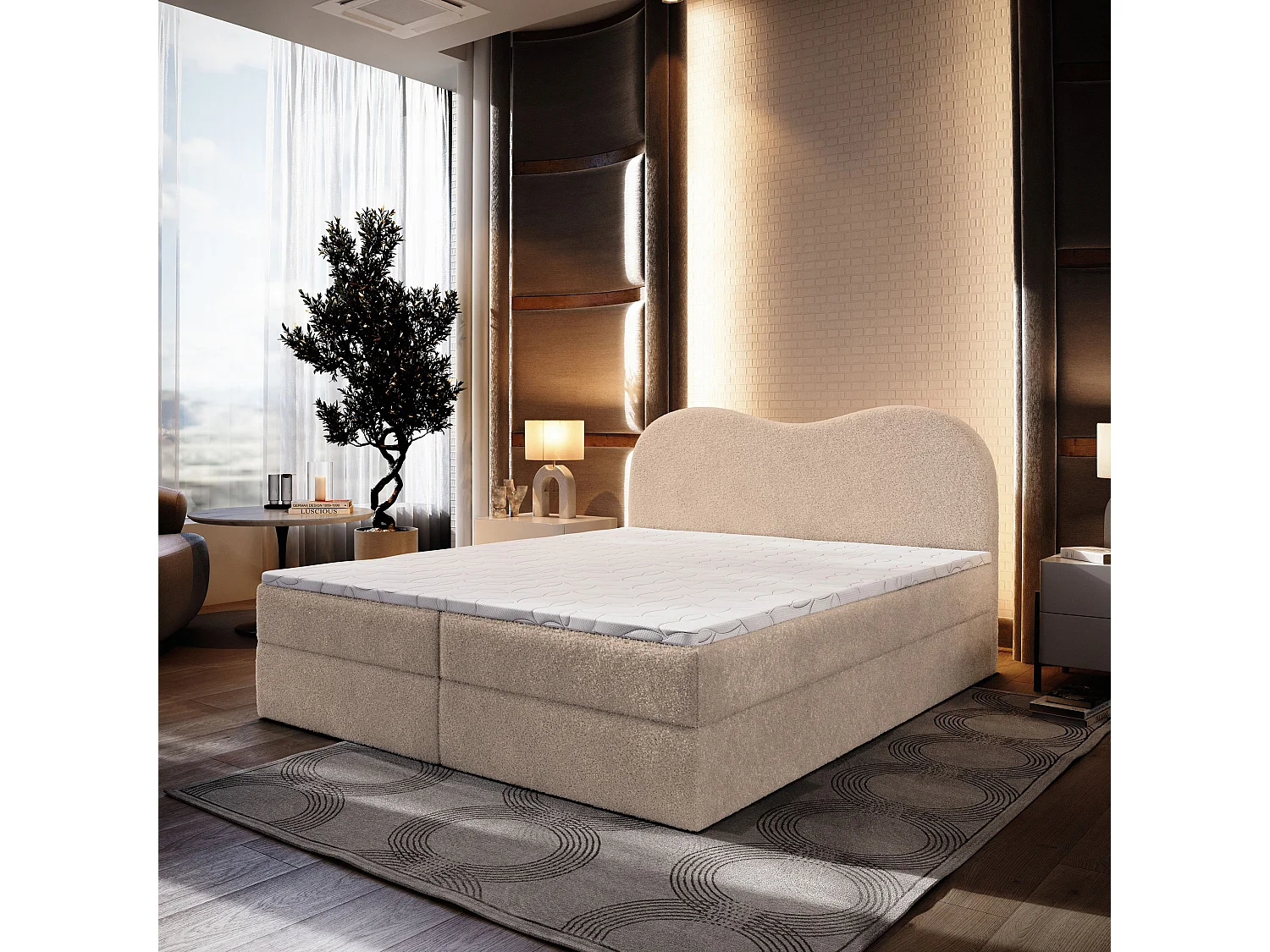 Boxspringbed FLUVIA 140x200 cm Set met hoofdbord, bedbodem en matras, Beige