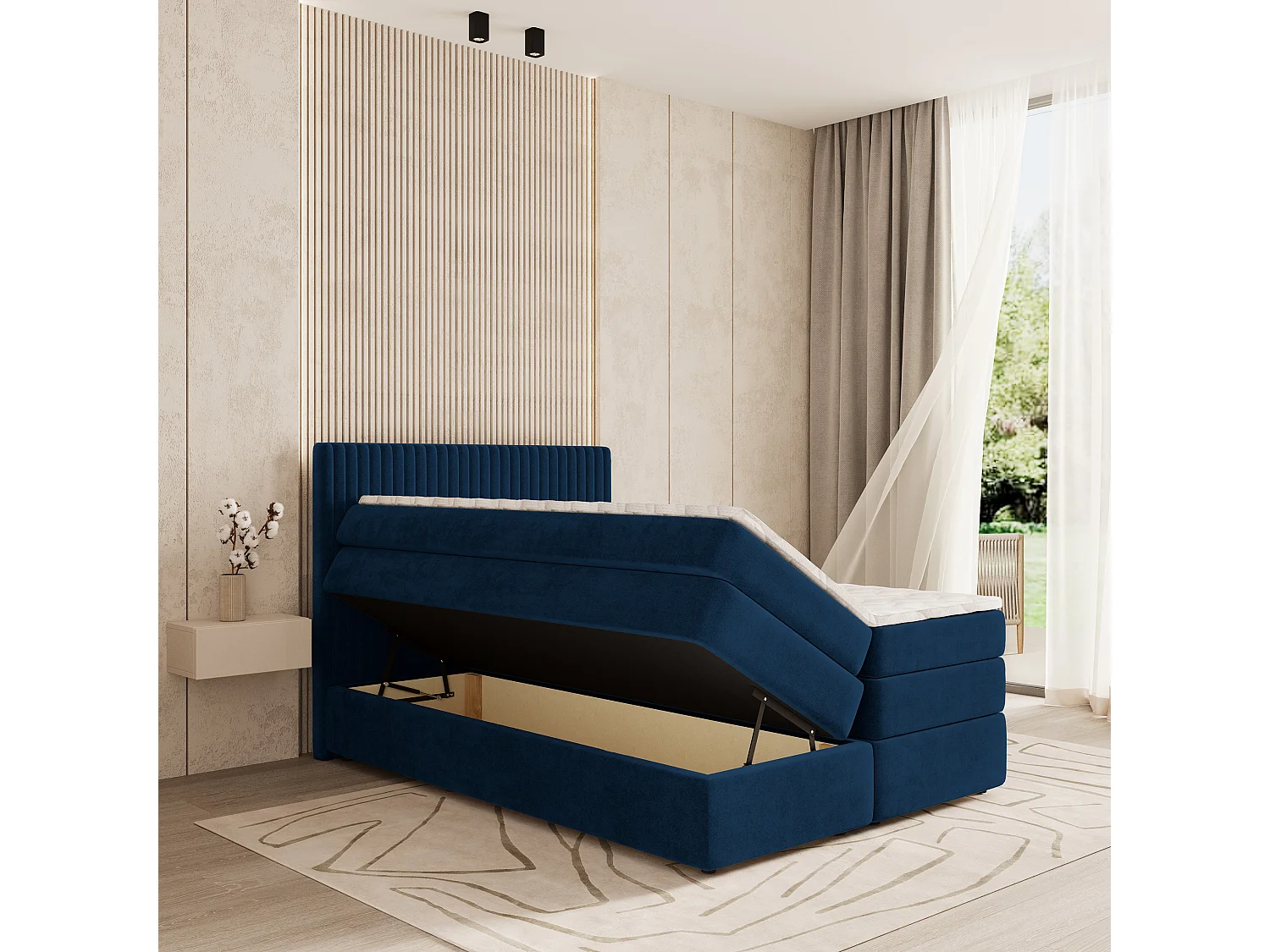 Boxspringbed FELBIO 140x200 cm Set met hoofdbord, bedbodem en matras, Blauw