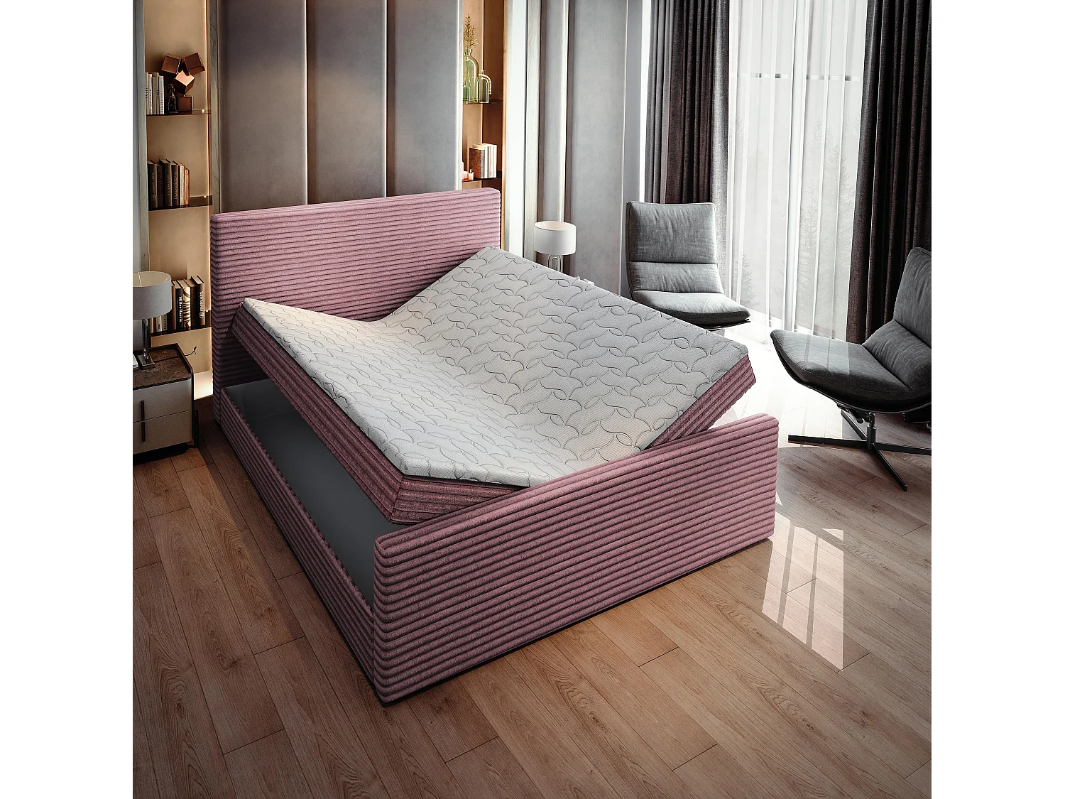Boxspringbed BRENTO 180x200 cm Set met hoofdbord, bedbodem en matras, Poederroze