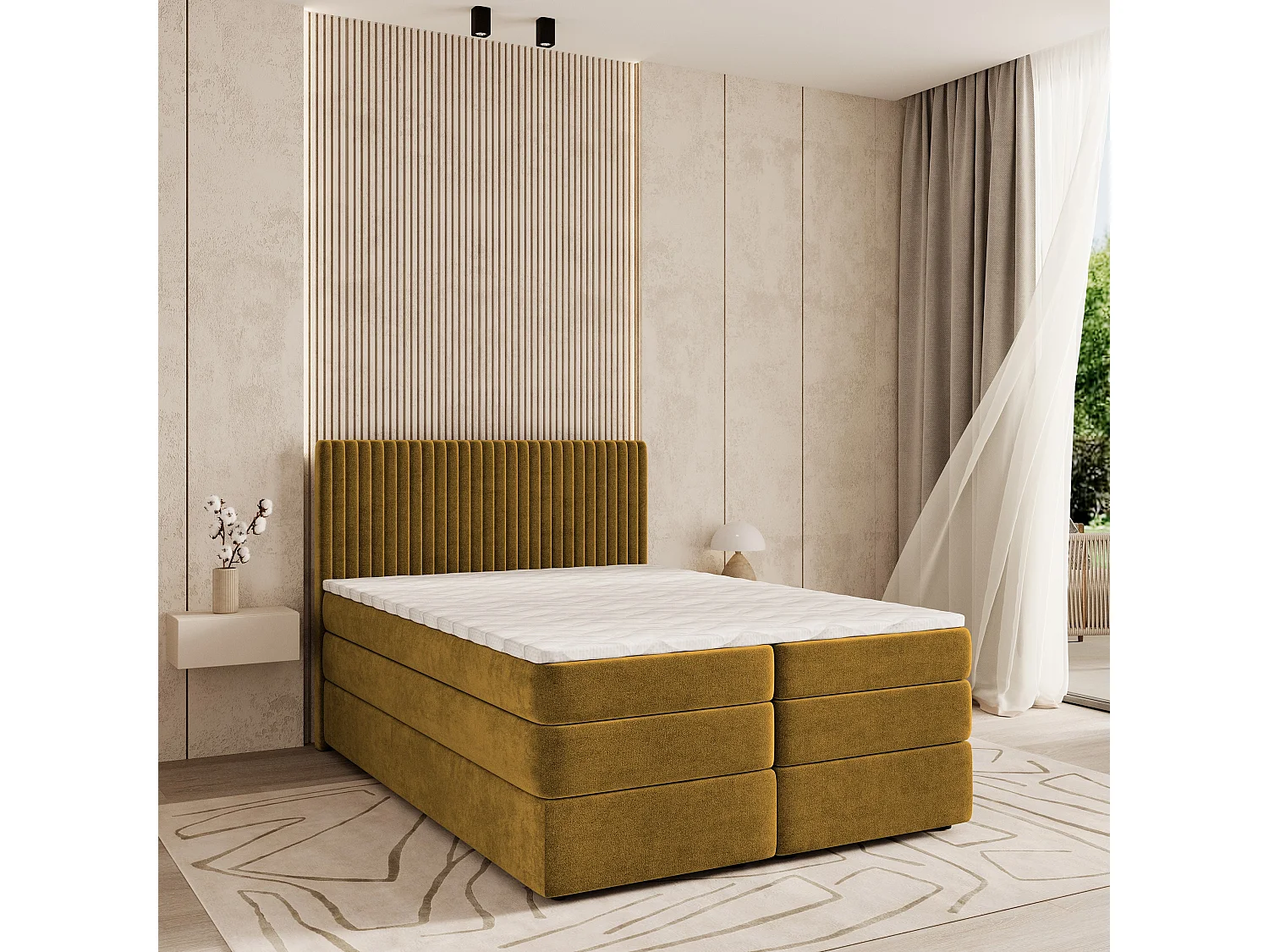 Boxspringbed FELBIO 180x200 cm Set met hoofdbord, bedbodem en matras, Geel