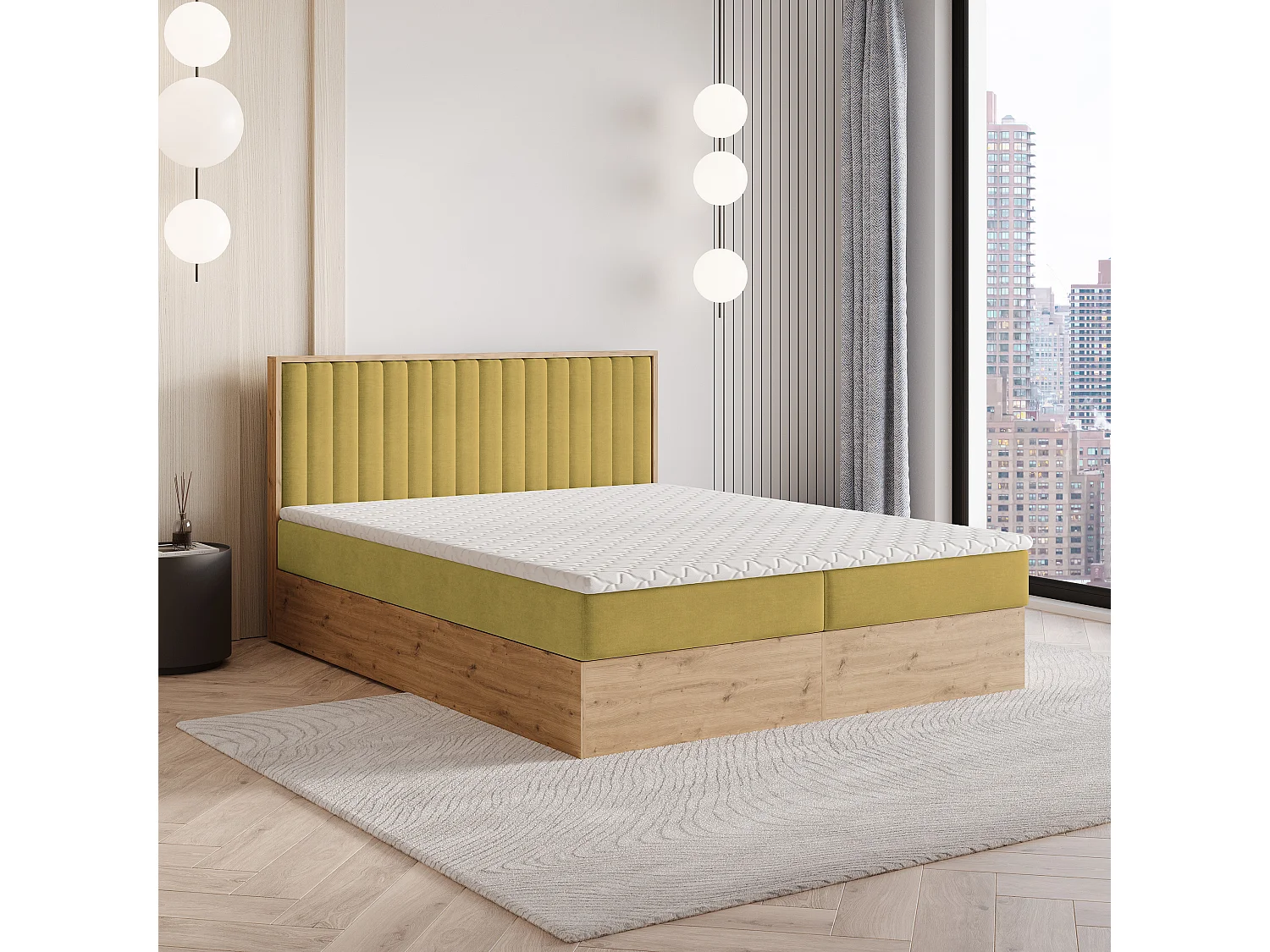 Lit continental VARELI, 160x200 cm, Tissu tressé, Jaune