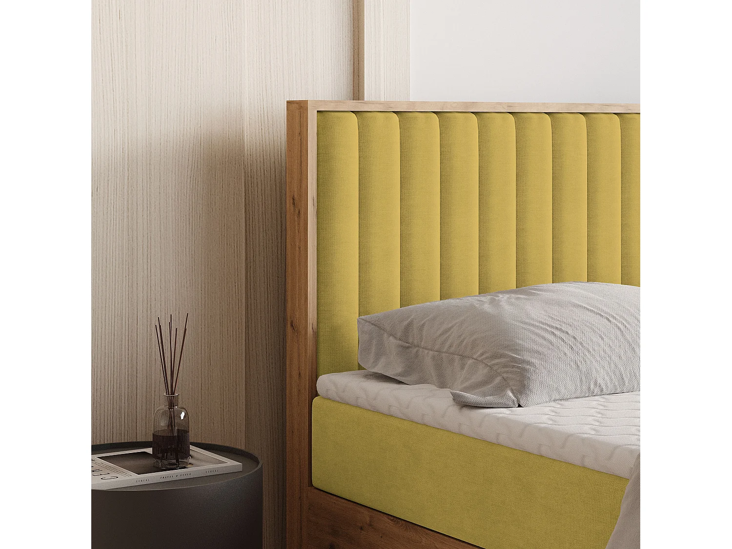 Lit continental VARELI, 160x200 cm, Tissu tressé, Jaune