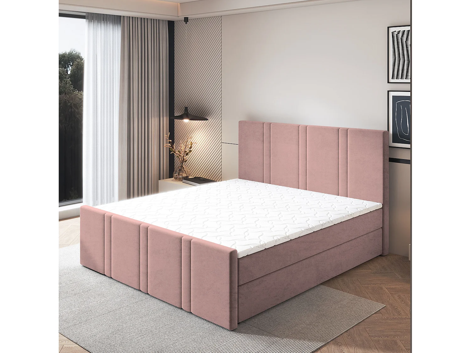 Lit continental COMOZA, 180x200 cm, Tissu pelucheux, Rose