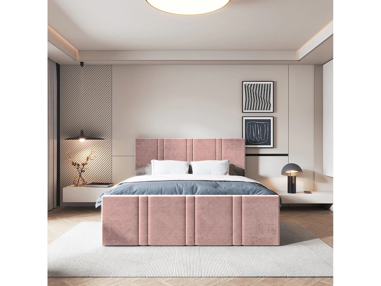 Lit continental COMOZA, 180x200 cm, Tissu pelucheux, Rose