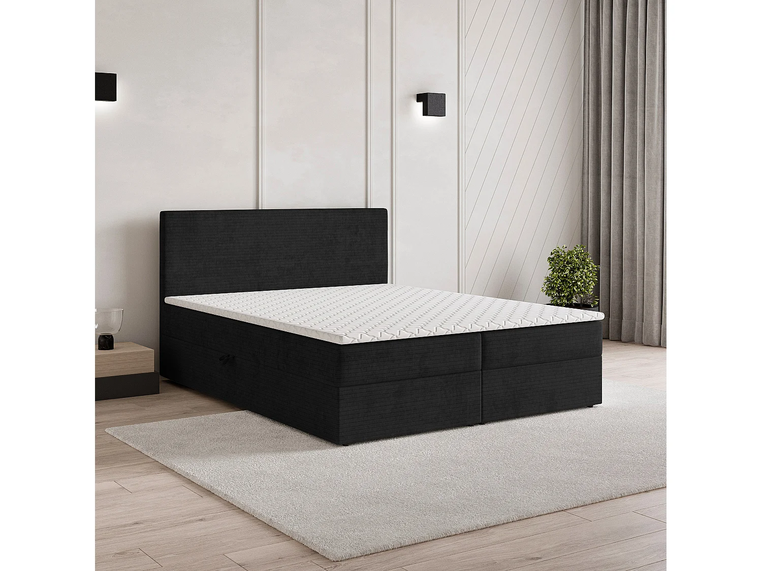 Lit continental NIRA, 140x200 cm, Tissu pelucheux, Noir