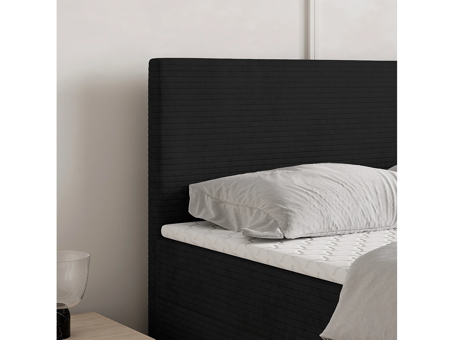 Lit continental NIRA, 140x200 cm, Tissu pelucheux, Noir