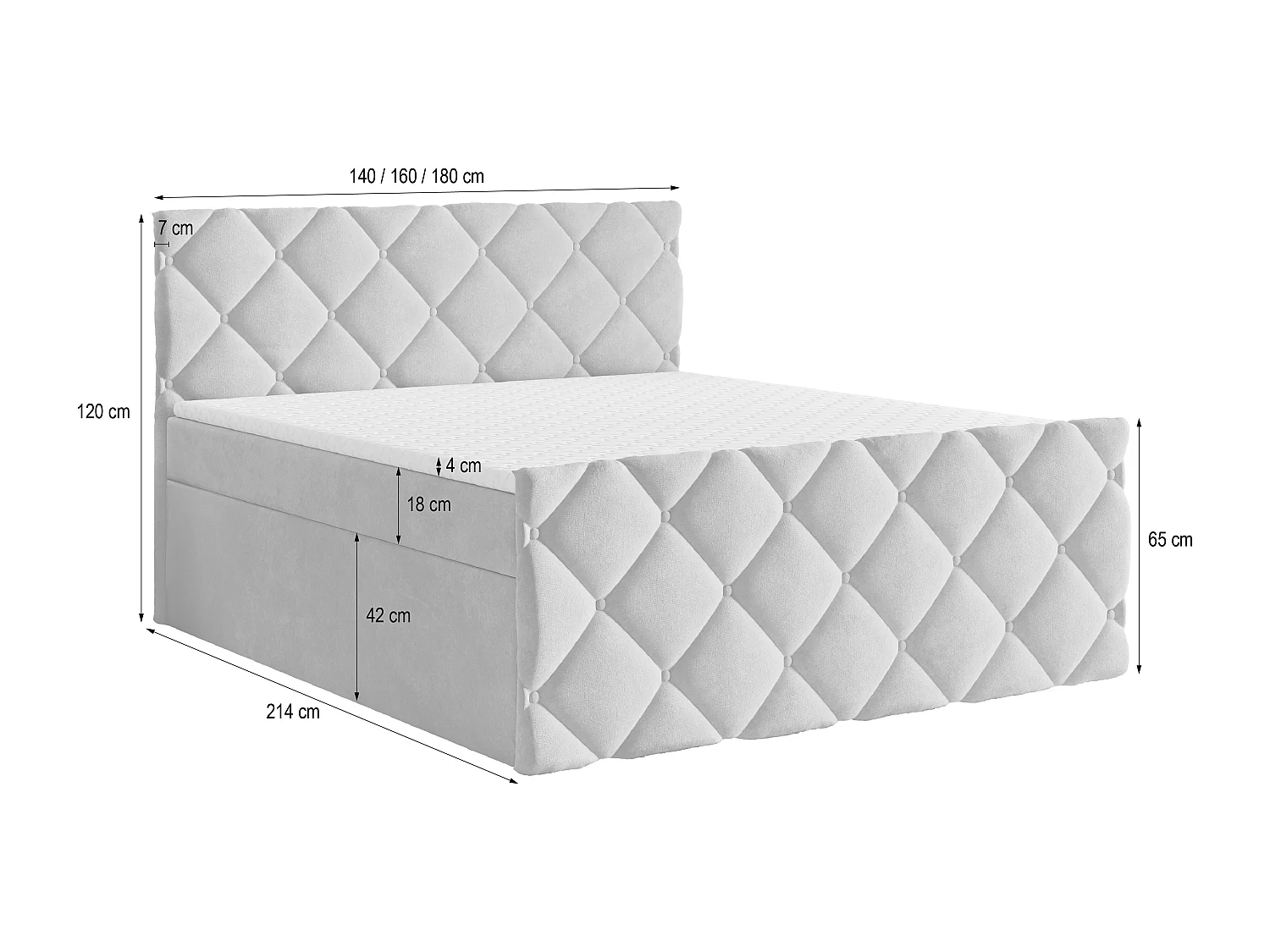 Lit continental ROVARI, 140x200 cm, Tissu pelucheux, Gris