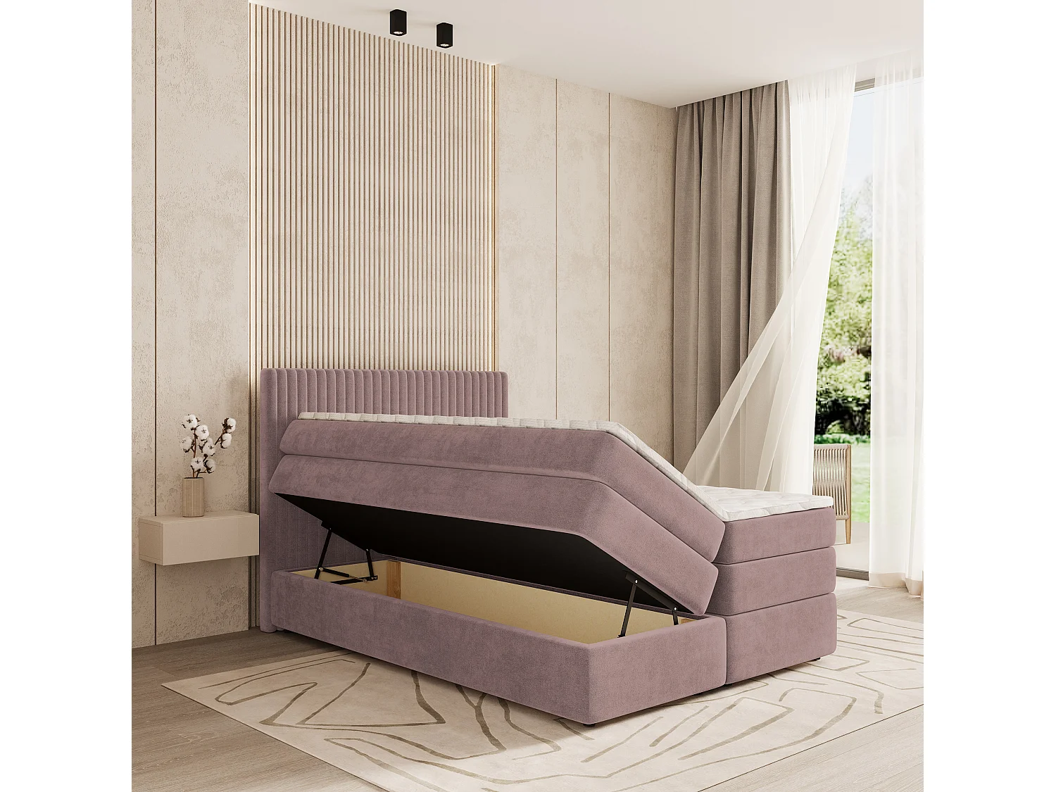 Boxspringbed FELBIO 140x200 cm Set met hoofdbord, bedbodem en matras, Poederroze