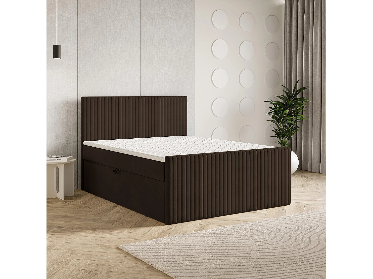 Lit continental TERVAN, 140x200 cm, Tissu pelucheux, Marron