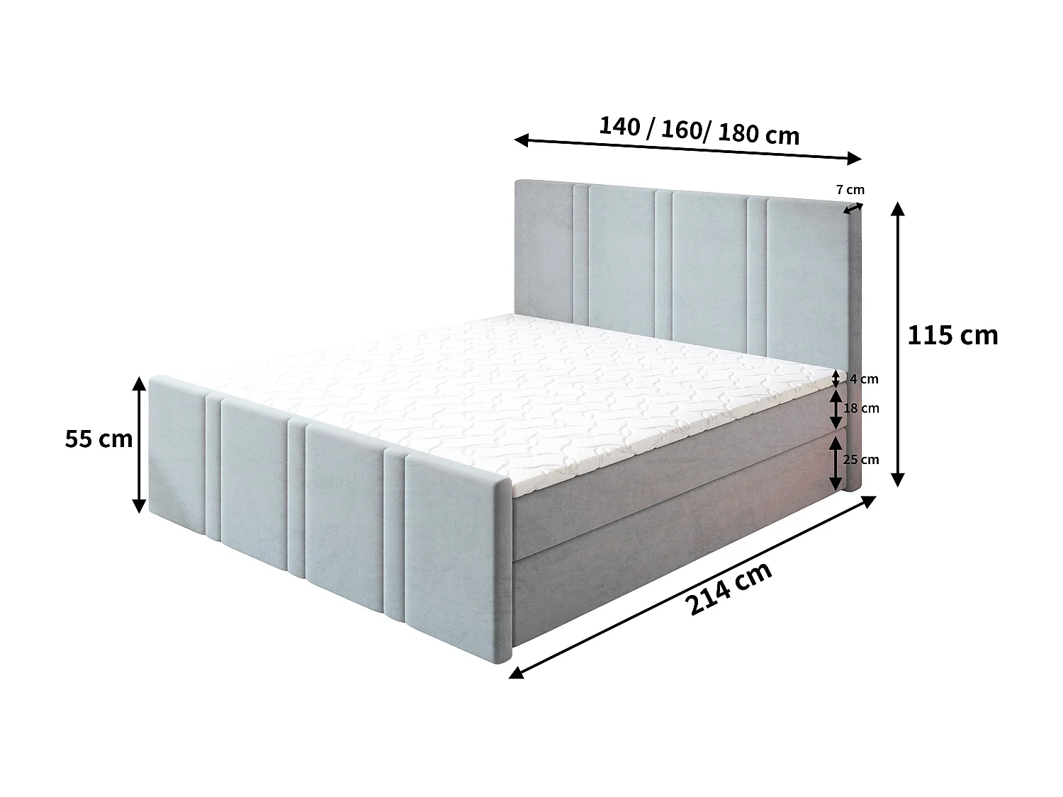 Lit continental COMOZA, 140x200 cm, Tissu pelucheux, Noir