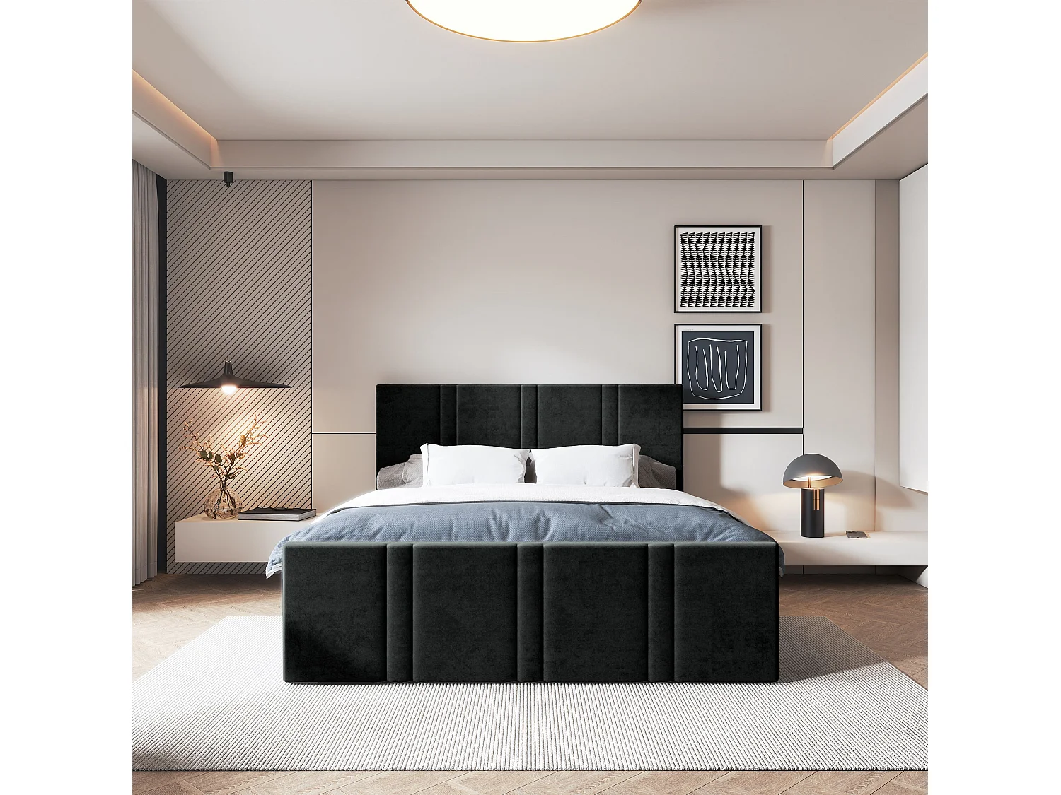 Lit continental COMOZA, 140x200 cm, Tissu pelucheux, Noir