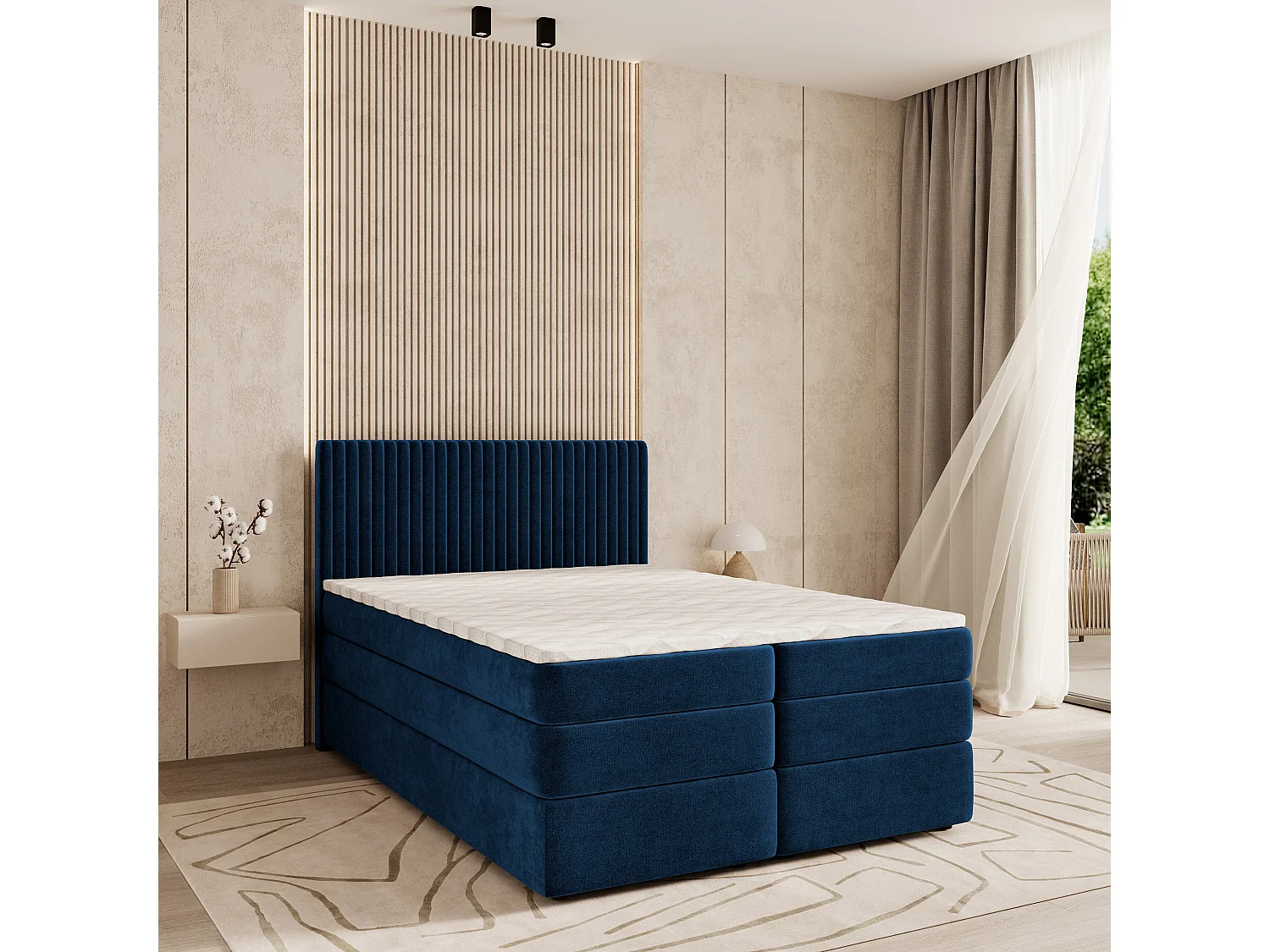Boxspringbed FELBIO 160x200 cm Set met hoofdbord, bedbodem en matras, Blauw