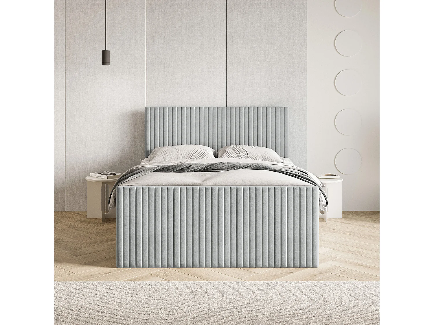 Lit continental TERVAN, 140x200 cm, Tissu pelucheux, Gris clair