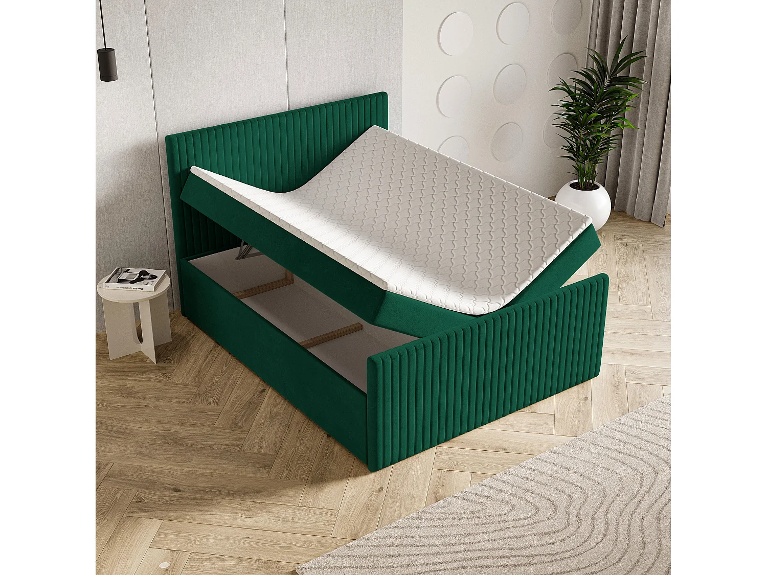 Lit continental TERVAN, 140x200 cm, Tissu pelucheux, Vert