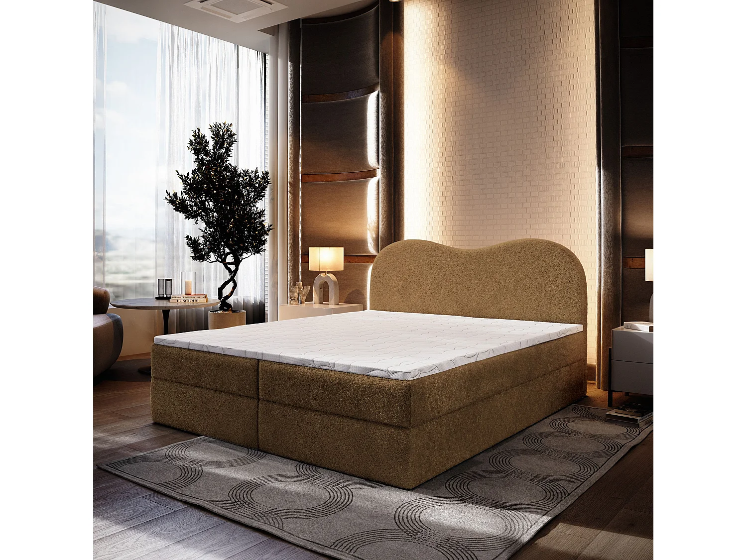 Lit continental FLUVIA, 160x200 cm, Tissu bouclé, Marron