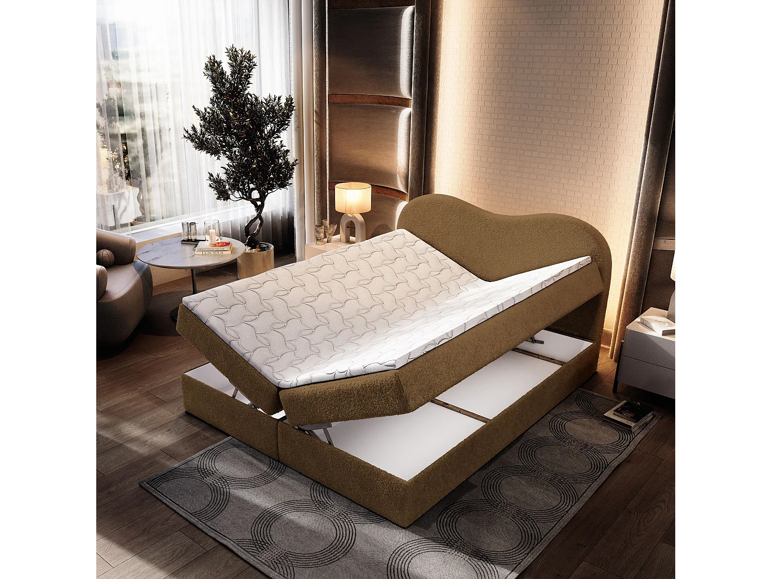 Lit continental FLUVIA, 160x200 cm, Tissu bouclé, Marron