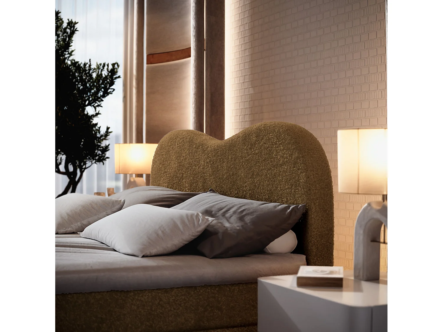 Lit continental FLUVIA, 160x200 cm, Tissu bouclé, Marron